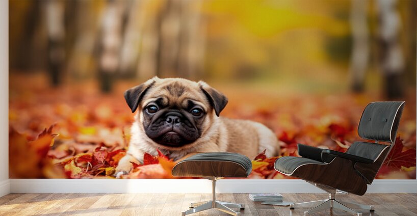 Pug Puppy Crowned With Autumn Leaf Victory Wall Murals
