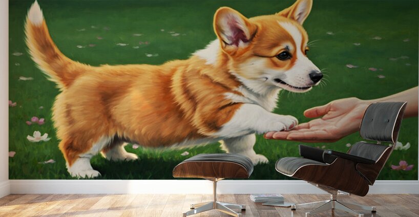 Proud Corgi Puppy Celebrates Learning New Trick Wall Murals