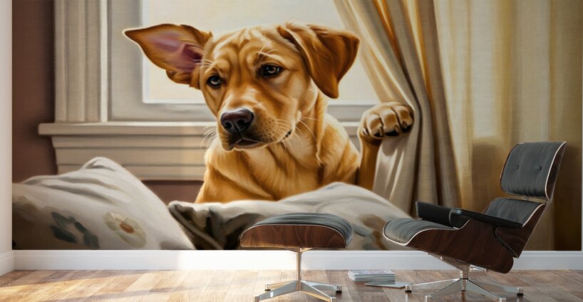 Curious Labrador Puppy Peeking Behind White Curtains Wall Murals