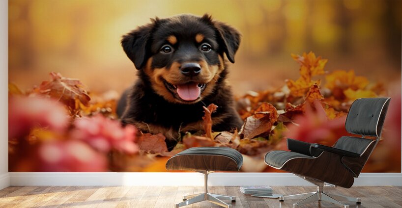 Tired Rottweiler Puppy Rests On Autumn Leaf Bed Wall Murals