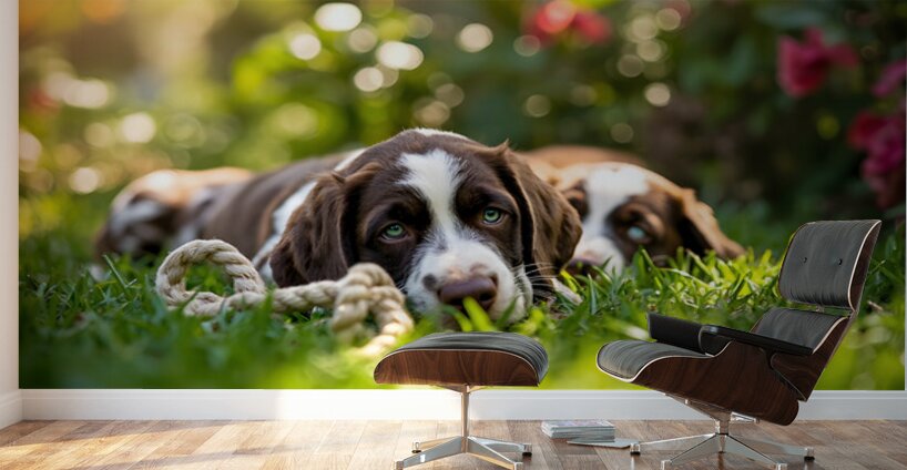 German Shorthaired Pointer Puppies Share Chew Toy Together Wall Murals