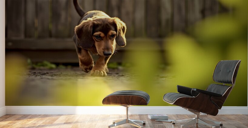 Sleepy Dachshund Puppy Yawns In Garden Wall Murals
