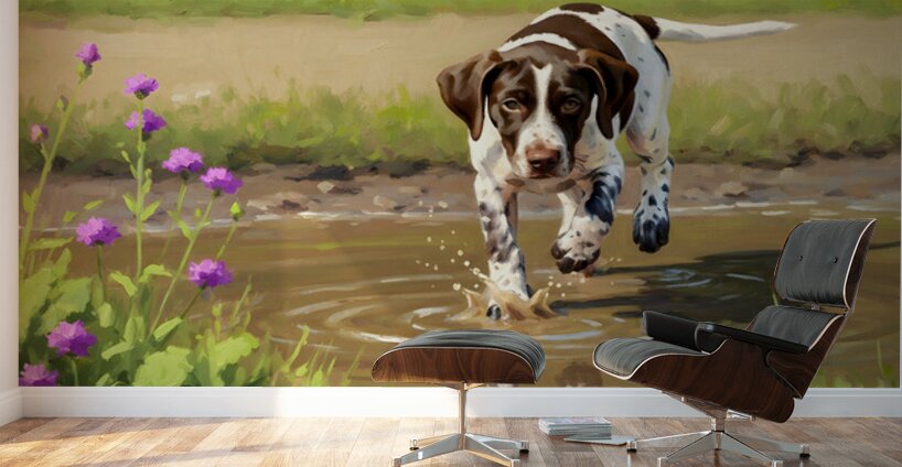 German Shorthaired Pointer Puppy Discovers Muddy Puddle Wall Murals