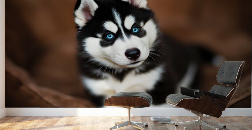 Content Siberian Husky Puppy Relaxes In Comfortable Bed Wall Murals