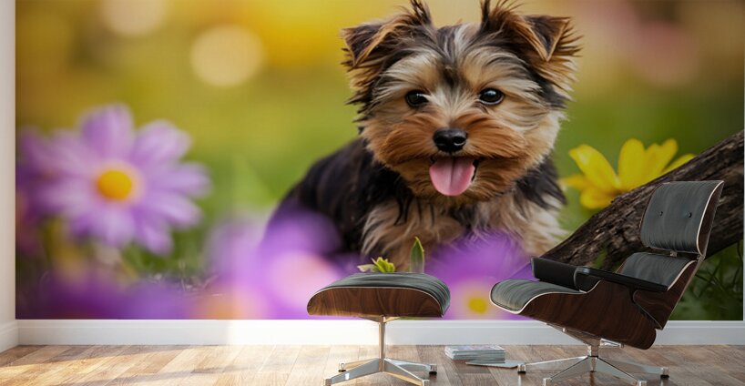 Yorkshire Terrier Puppy Finds Big Stick Adventure Wall Murals