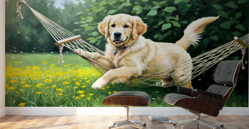 Golden Retriever Puppy Discovers Tiny Hammock In Garden Wall Murals