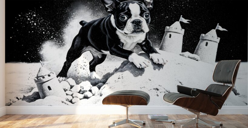 Boston Terrier Puppy Happy Despite Sandy Mess Wall Murals