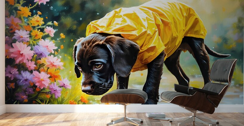 Happy Puppy Rests On Porch After Rainy Walk Wall Murals