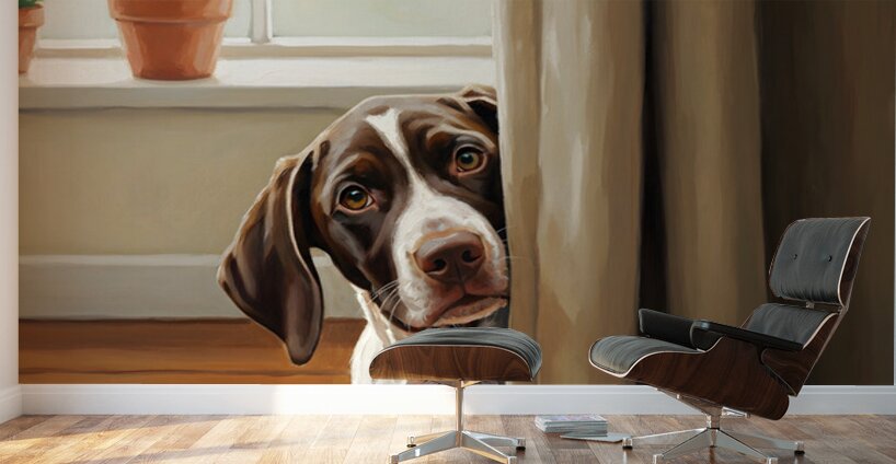 Happy Puppy Emerging From Curtain Hideout Wall Murals