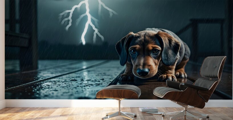 Dachshund Puppy Watches Storm From Covered Porch Wall Murals
