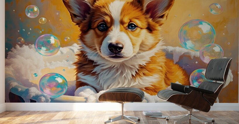 Happy Corgi Puppy Enjoys Bath Time Fun Wall Murals