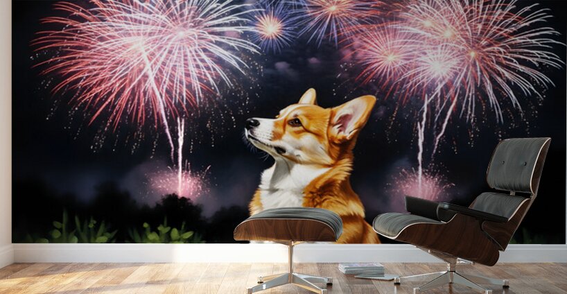 Happy Corgi Puppy Wags Tail After Fireworks End Wall Murals