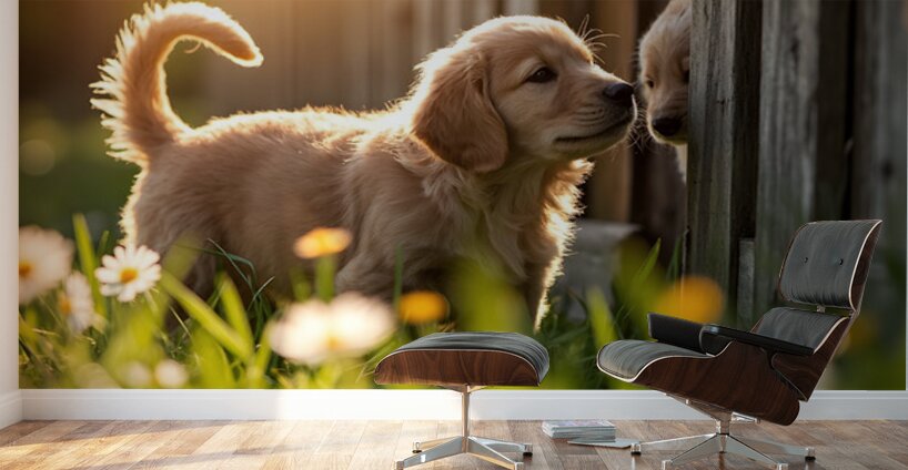 Golden Retriever Puppy Discovers Park Fence Wall Murals
