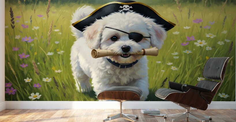 Bichon Frise Puppy Discovers Pirate Treasure Map Wall Murals