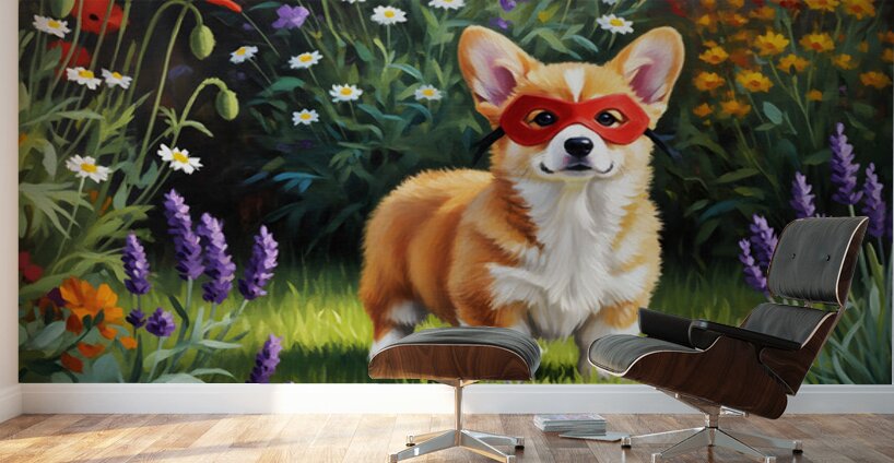 Corgi Puppy Discovers Superhero Mask In Bedroom Wall Murals