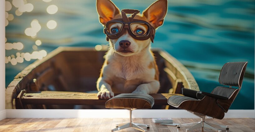 Chihuahua Puppy At Lake With Aviator Goggles Wall Murals