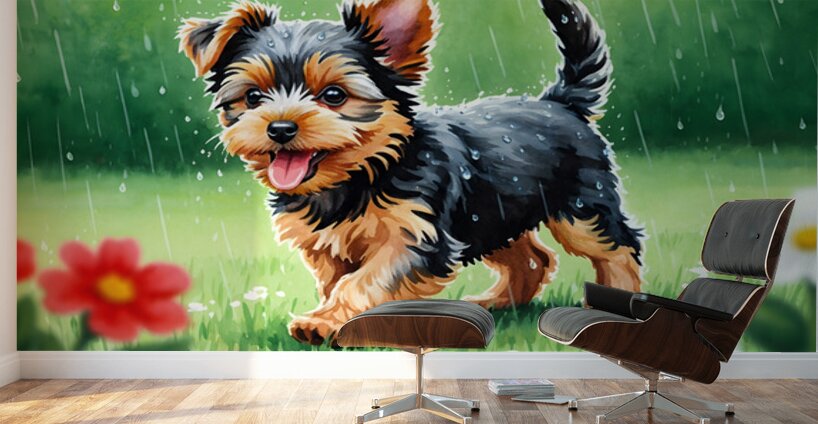 Content Yorkshire Terrier Puppy Rests After Raindrop Adventure Wall Murals