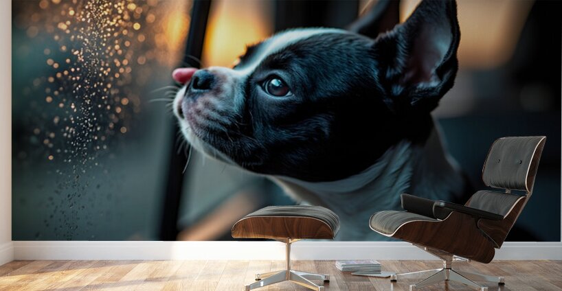 Boston Terrier Puppy Watches Rain From Car Window Wall Murals