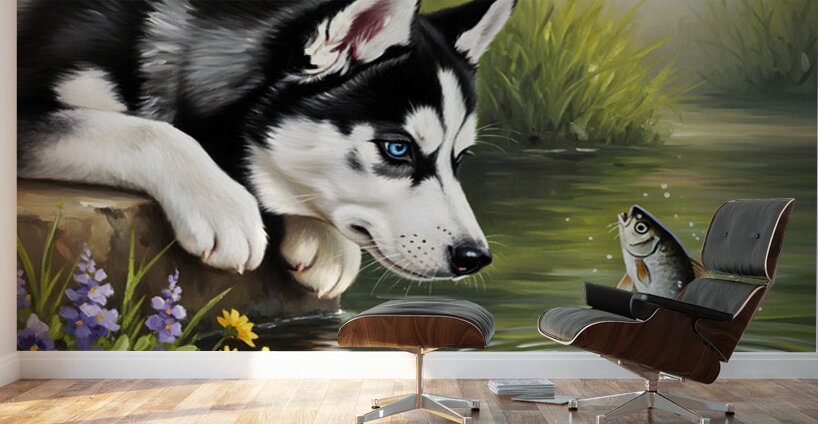 Curious Husky Puppy Discovers Garden Pond Wall Murals