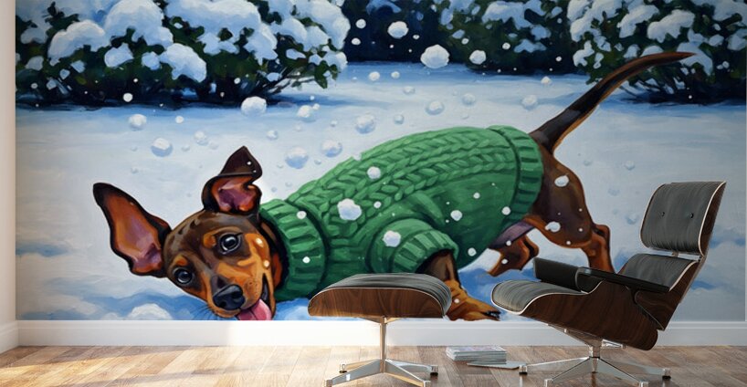Sleepy Dachshund Puppy Warms Up By Cozy Winter Fireplace Wall Murals
