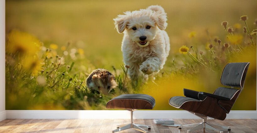 Poodle Puppy Rests Peacefully With Hedgehog Companion Wall Murals