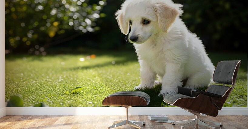Poodle Puppy Discovers Shadow Play On Sunny Day Wall Murals