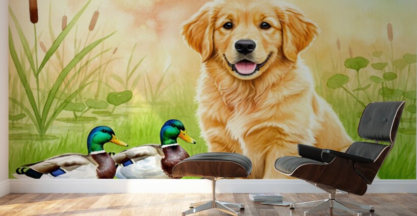 Golden Retriever Puppy Discovers The Pond Wall Murals