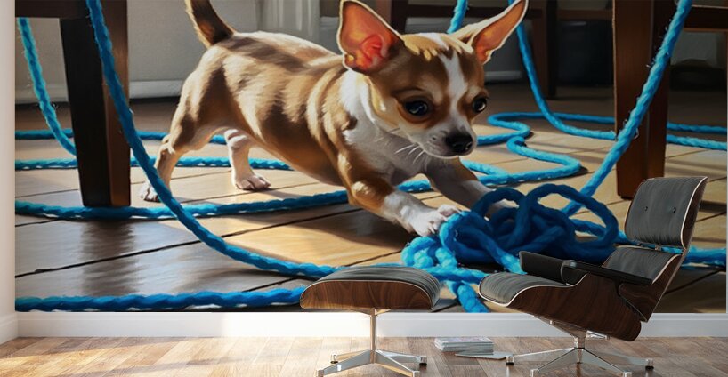 Chihuahua Puppy Discovers Yarn Ball Wall Murals