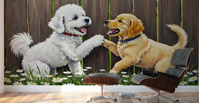 Happy Bichon Frise Puppy Plays With Fence Friend Wall Murals