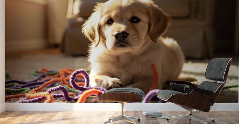 Golden Retriever Puppy Discovers Colorful Yarn Ball Wall Murals
