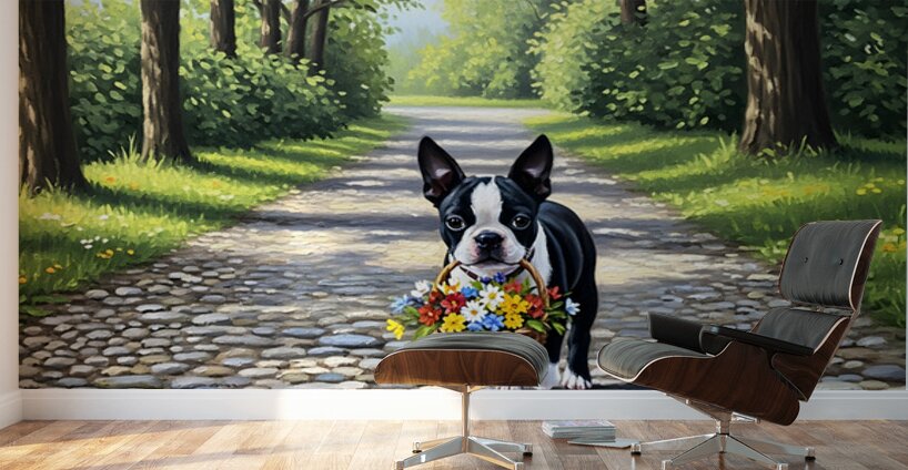 Boston Terrier Puppy With Flower Basket In Garden Wall Murals