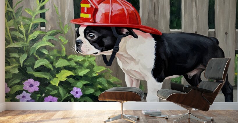 Boston Terrier Puppy Dreams Of Being A Brave Firefighter Wall Murals