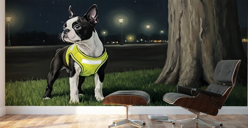 Sleepy Boston Terrier Puppy Returns From Night Walk Wall Murals