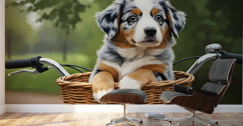 Happy Australian Shepherd Puppy Enjoys Bicycle Ride Wall Murals