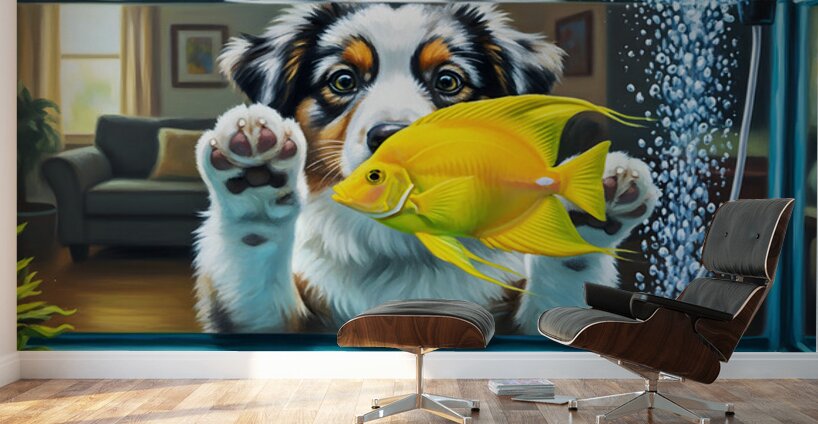 Australian Shepherd Puppy Discovers Amazing Fish Tank Wall Murals