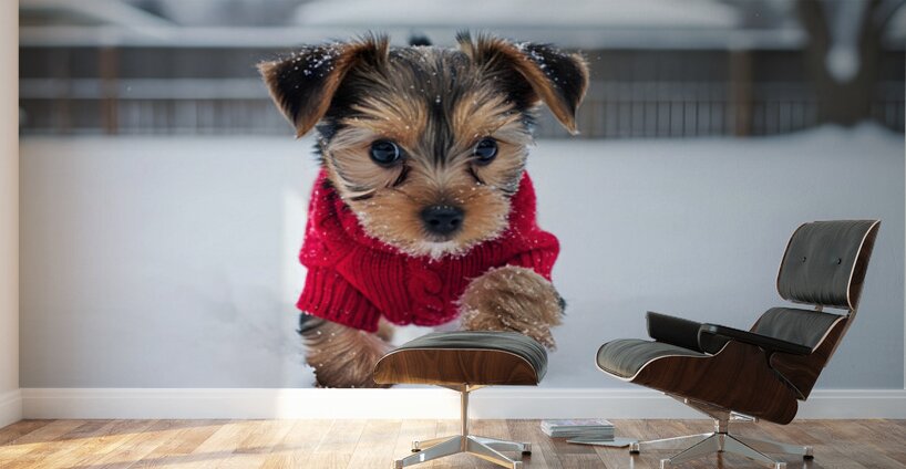 Yorkshire Terrier Puppy Watches Winter Snow Fall Wall Murals