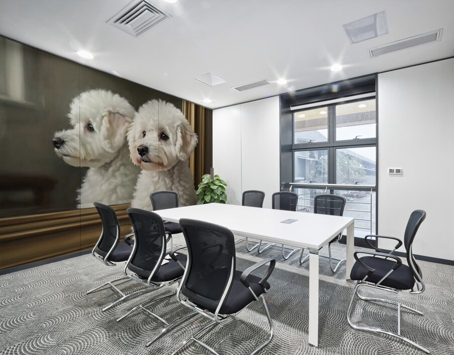 White Bichon Frise Puppy Contemplates Its Reflection Wall Printing