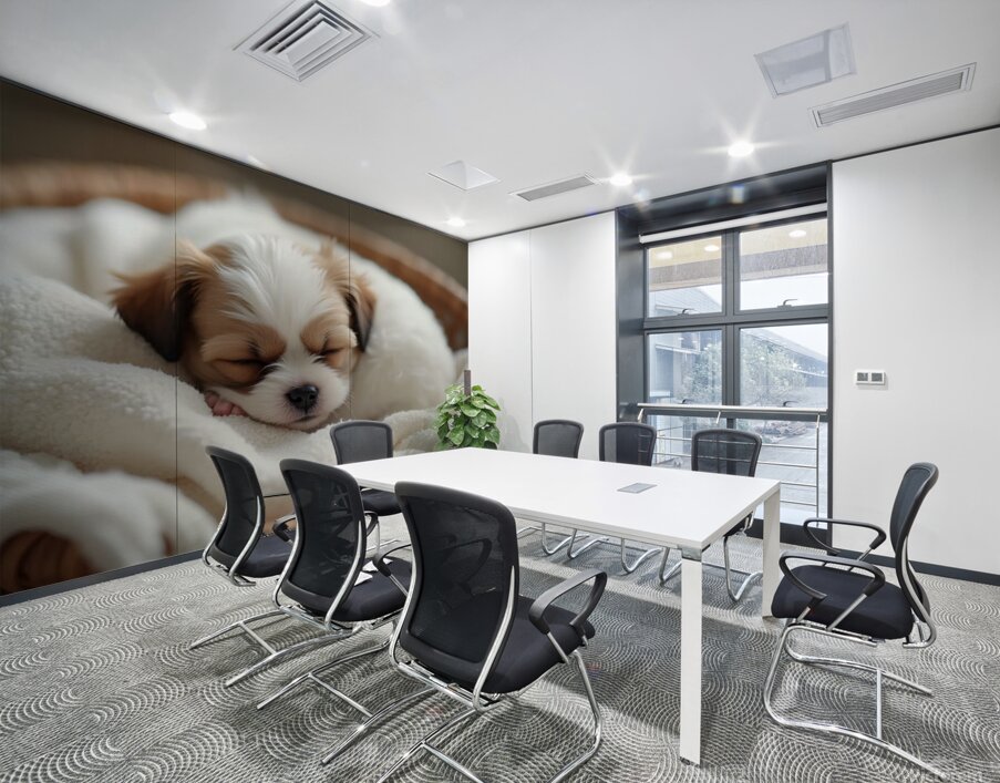 Peaceful Shih Tzu Puppy Sleeps In Cream Towels Wall Printing