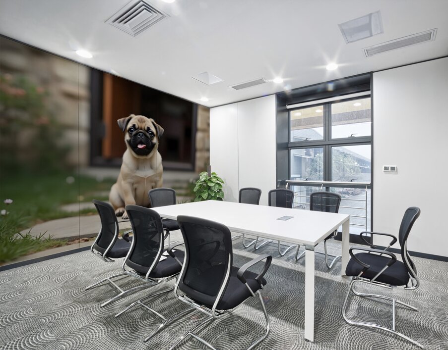 Tan and black Pug puppy with a wrinkled face sits proudly on a stone patio Wall Printing