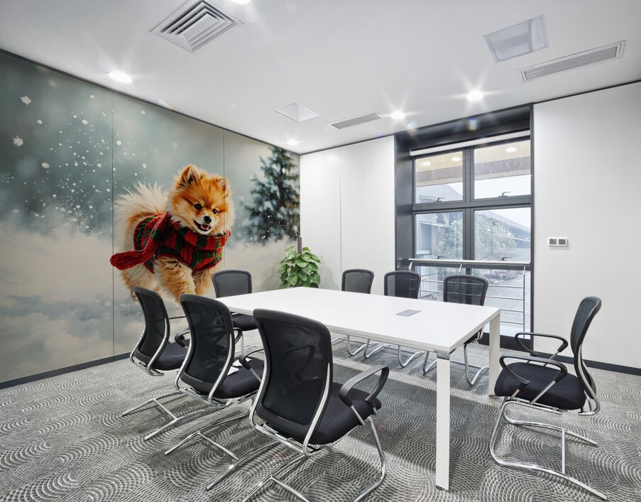 Pomeranian Puppy In Holiday Sweater Playing In Snow Wall Printing