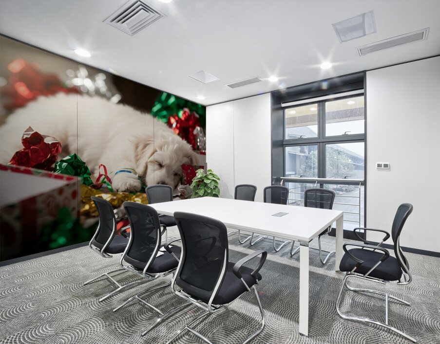 Sleepy Bichon Frise Puppy Naps Among Holiday Wrapping Wall Printing