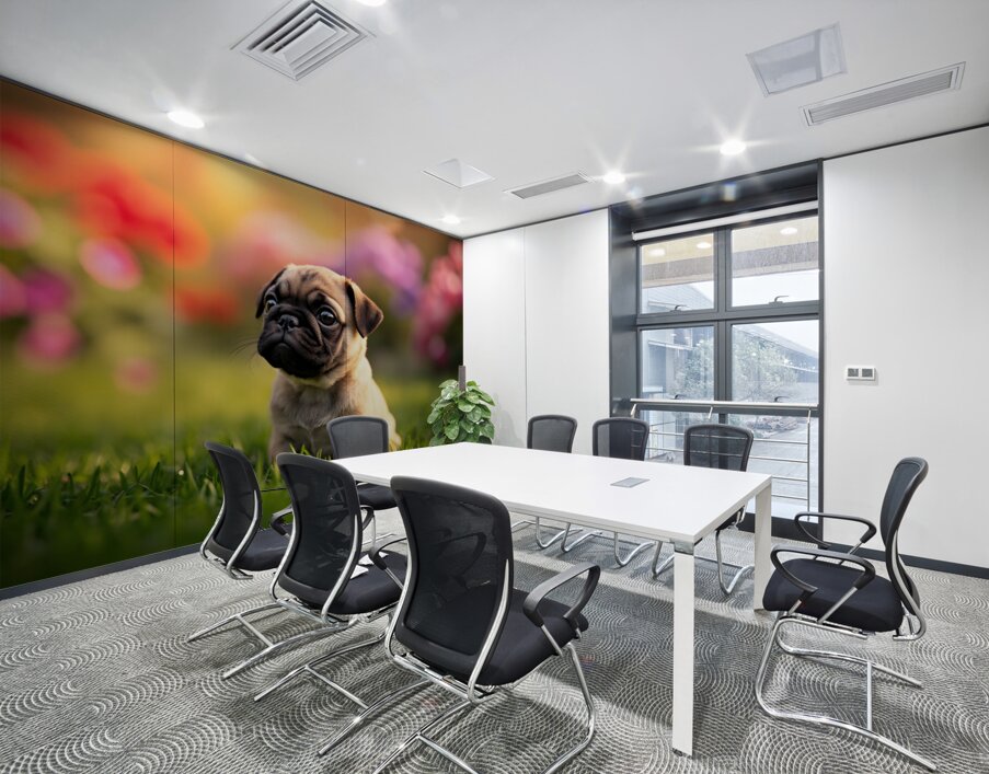 Pug Puppy Discovers Fun Game In Garden Wall Printing