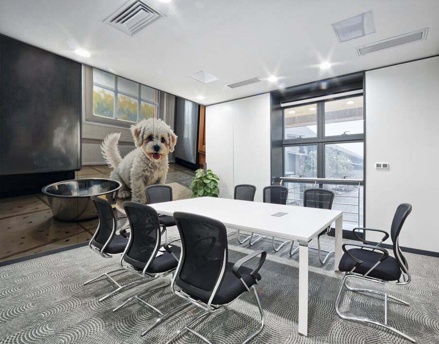 Bichon Frise Puppy Discovers Empty Food Bowl Wall Printing