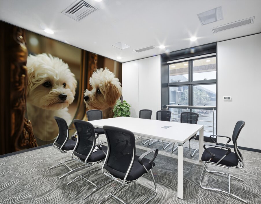 Happy Bichon Frise Puppy Wags At His Reflection Wall Printing