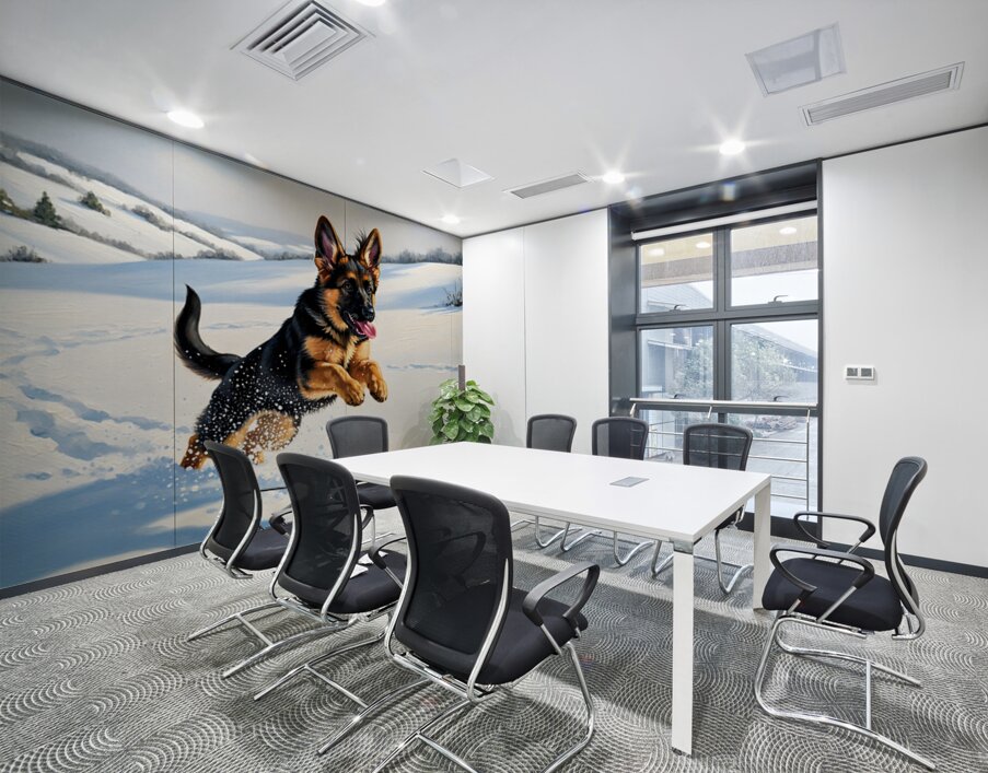 Happy German Shepherd Puppy Rests In Snow Wall Printing