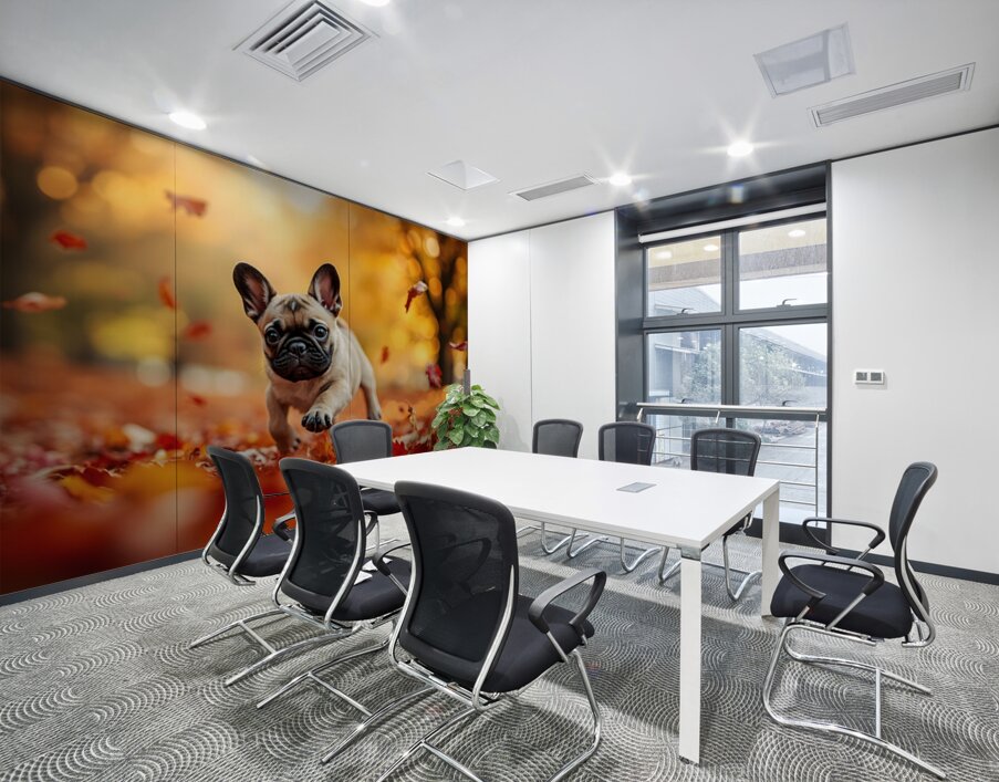 Pug Puppy Discovers Mountain Of Autumn Leaves Wall Printing