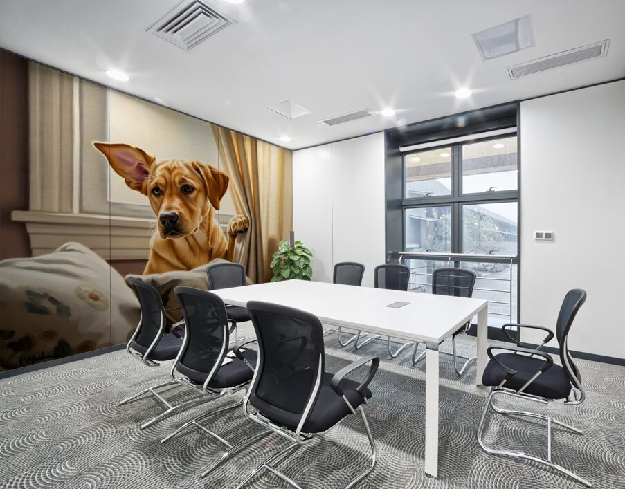 Curious Labrador Puppy Peeking Behind White Curtains Wall Printing