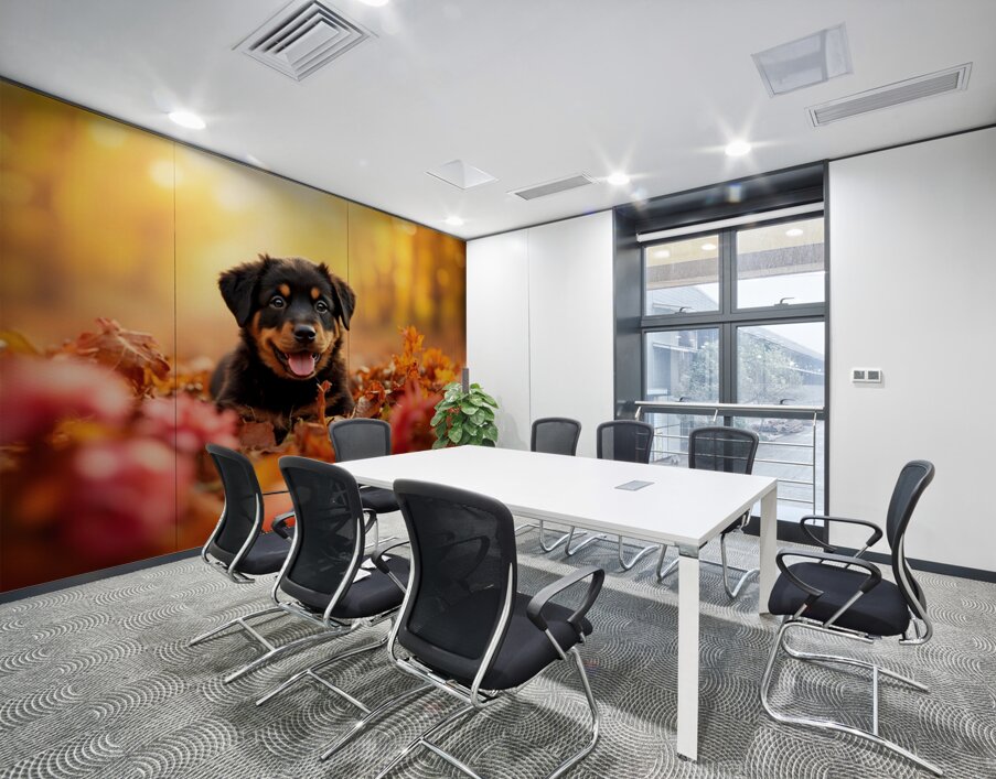 Tired Rottweiler Puppy Rests On Autumn Leaf Bed Wall Printing