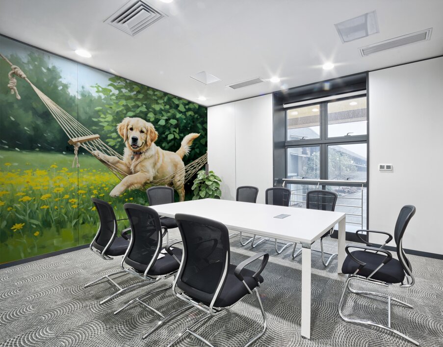 Golden Retriever Puppy Discovers Tiny Hammock In Garden Wall Printing