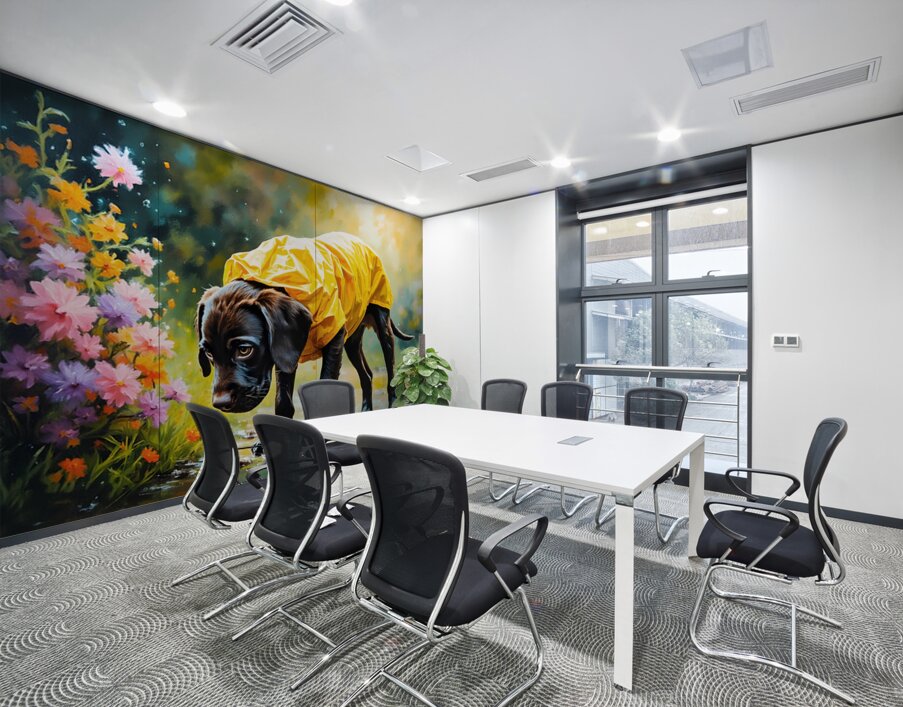 Happy Puppy Rests On Porch After Rainy Walk Wall Printing